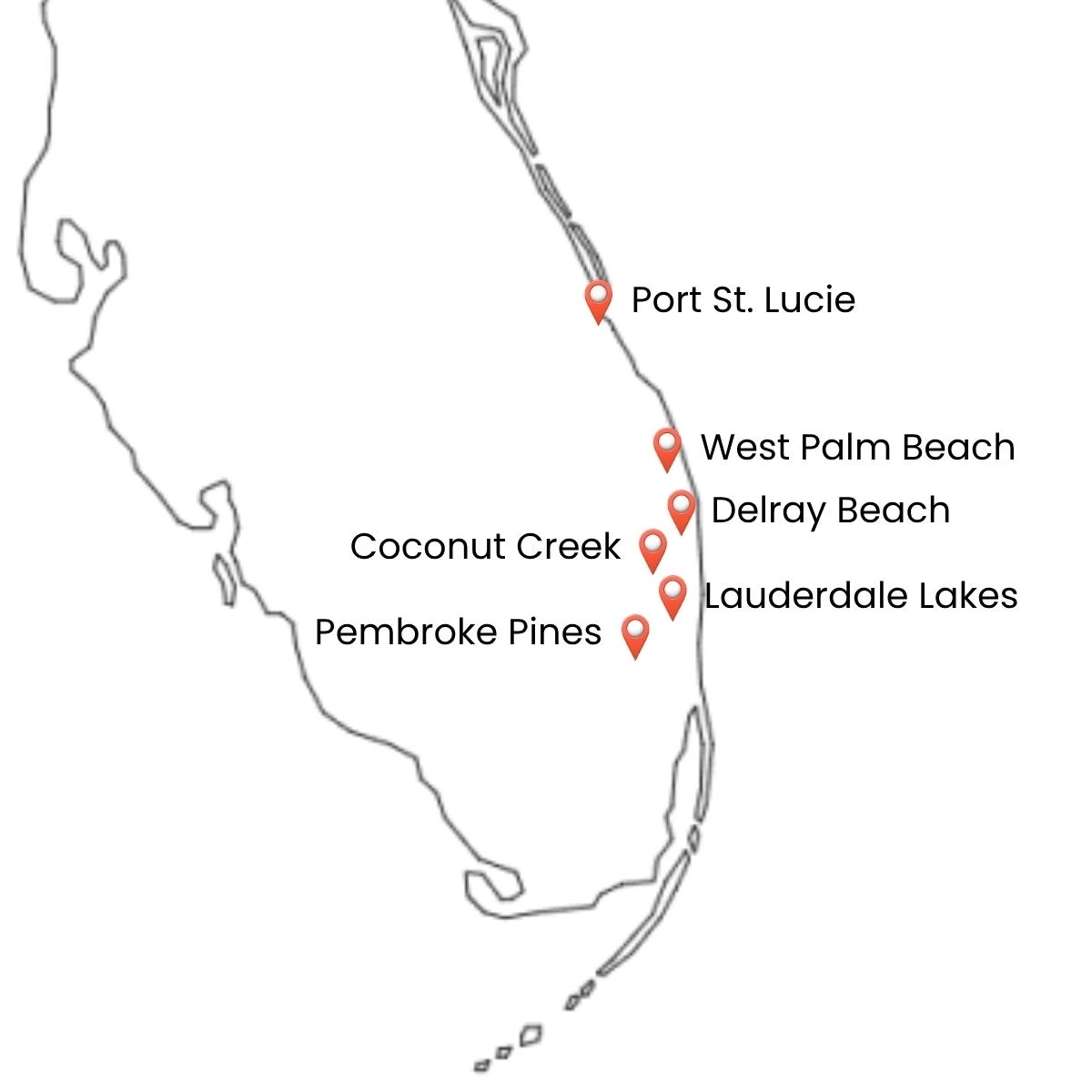 Map of the six Brazilian Waxing by Sisters locations in Florida: Port St. Lucie, West Palm Beach, Delray Beach, Coconut Creek, Lauderdale Lakes and Pembroke Pines